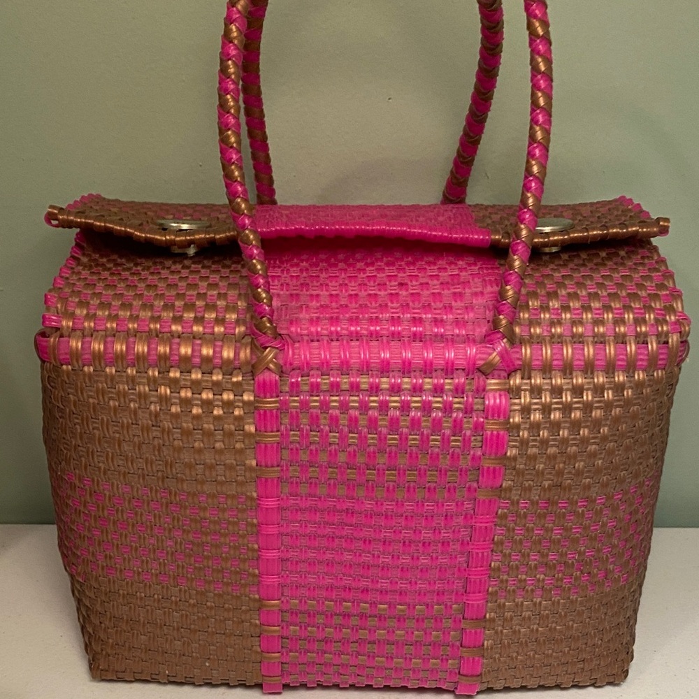 Stylish Pink and Brown Handwoven Handbag - Picture 2 of 12